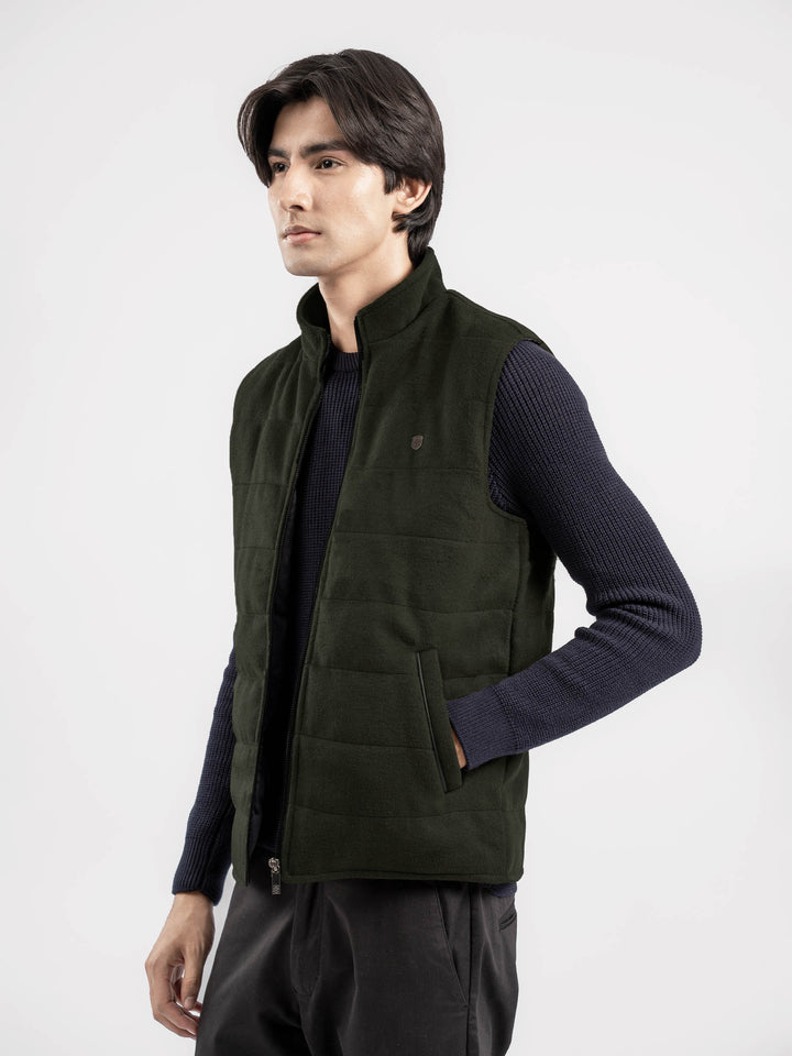 Olive Green Wool Sleeveless Zipper Jacket