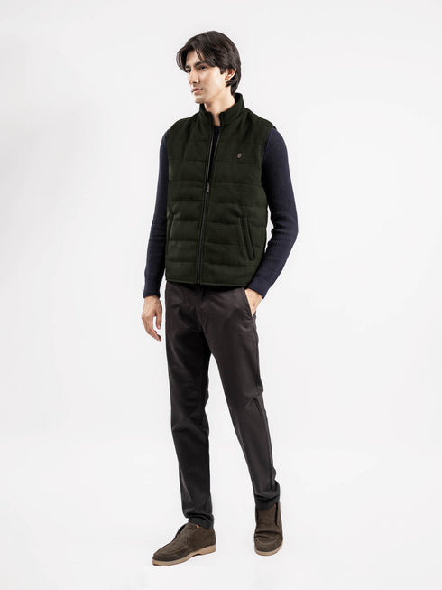 Olive Green Wool Sleeveless Zipper Jacket