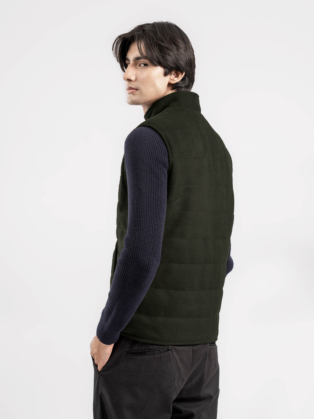 Olive Green Wool Sleeveless Zipper Jacket