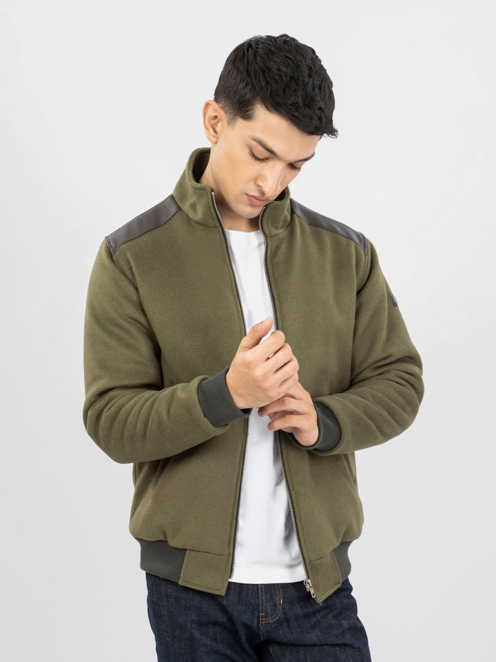 Olive Green Woolen Quilted Jacket