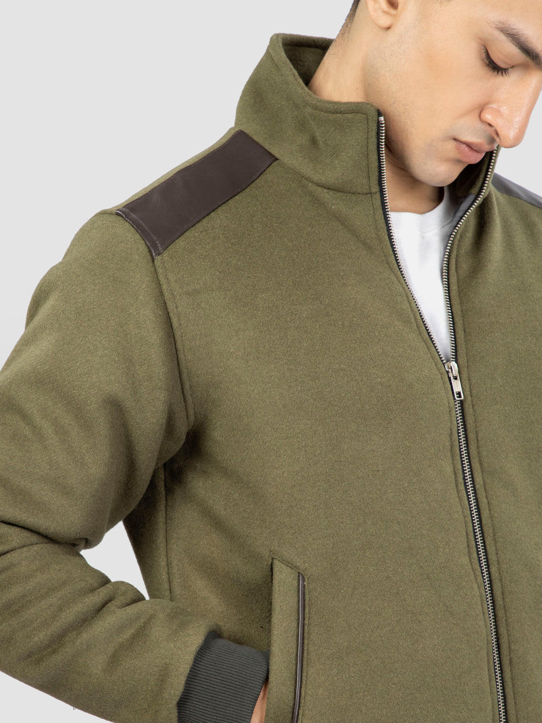 Olive Green Woolen Quilted Jacket