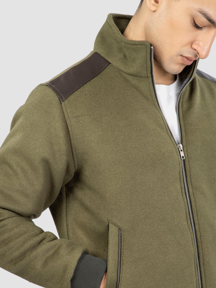 Olive Green Woolen Quilted Jacket
