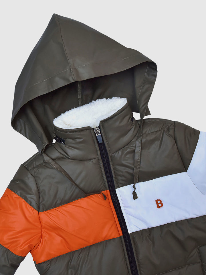 Olive & Orange Casual Puffer Jacket With Sherpa & Hidden Hoodie Brumano Pakistan