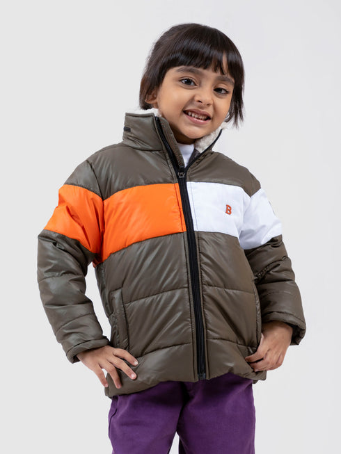 Olive & Orange Casual Puffer Jacket With Sherpa & Hidden Hoodie Brumano Pakistan