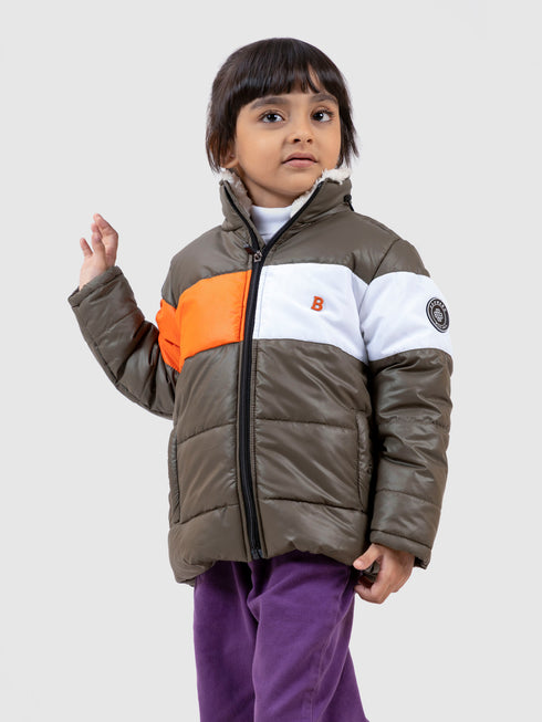 Olive & Orange Casual Puffer Jacket With Sherpa & Hidden Hoodie Brumano Pakistan