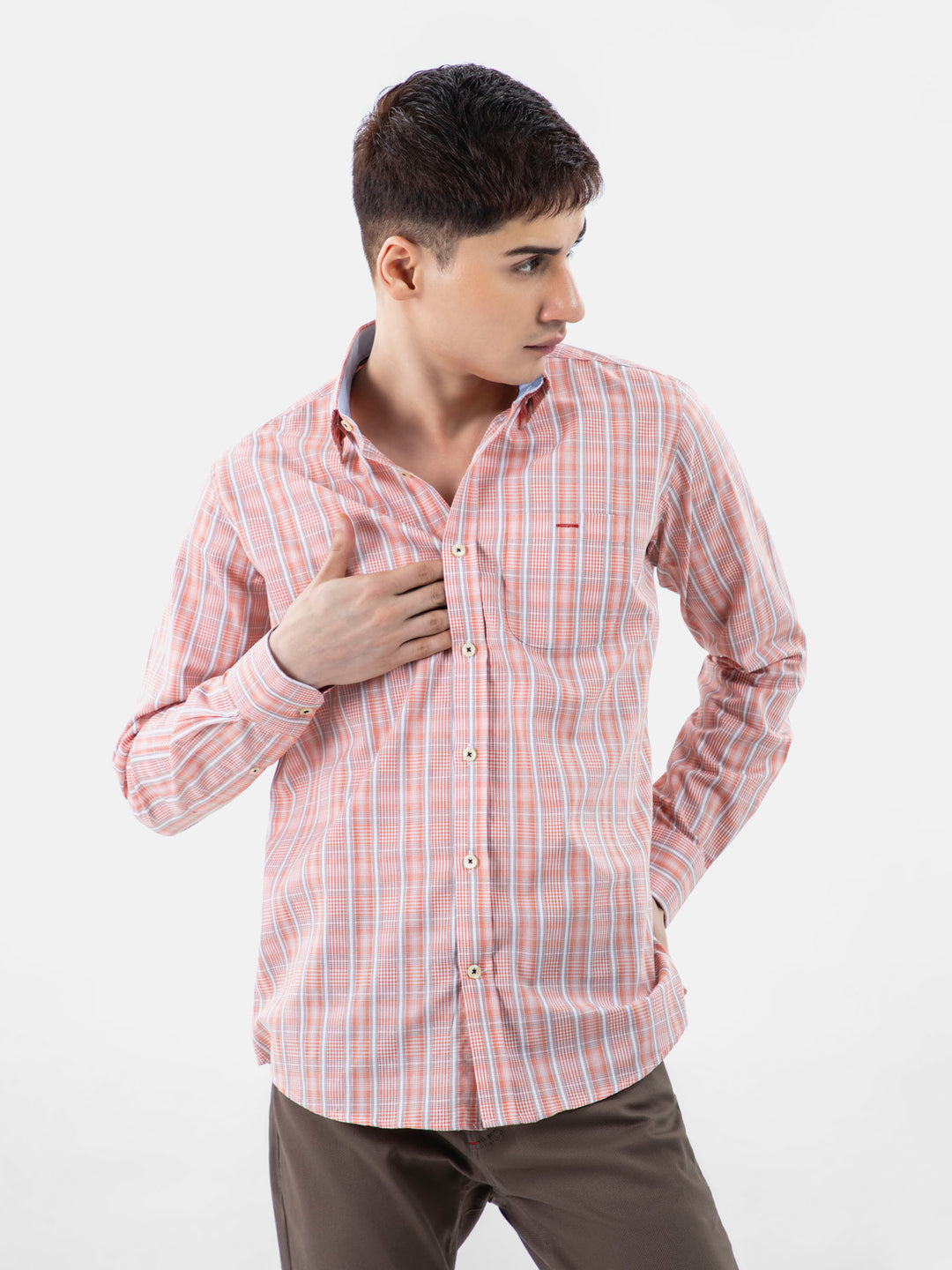 Orange checkered shirt with collar detailing brumano pakistan