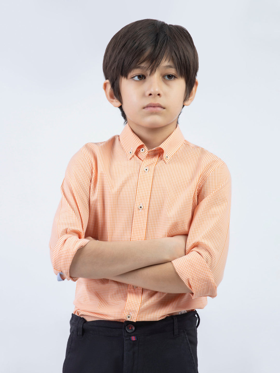 Orange micro gingham button down casual shirt brumano pakistan