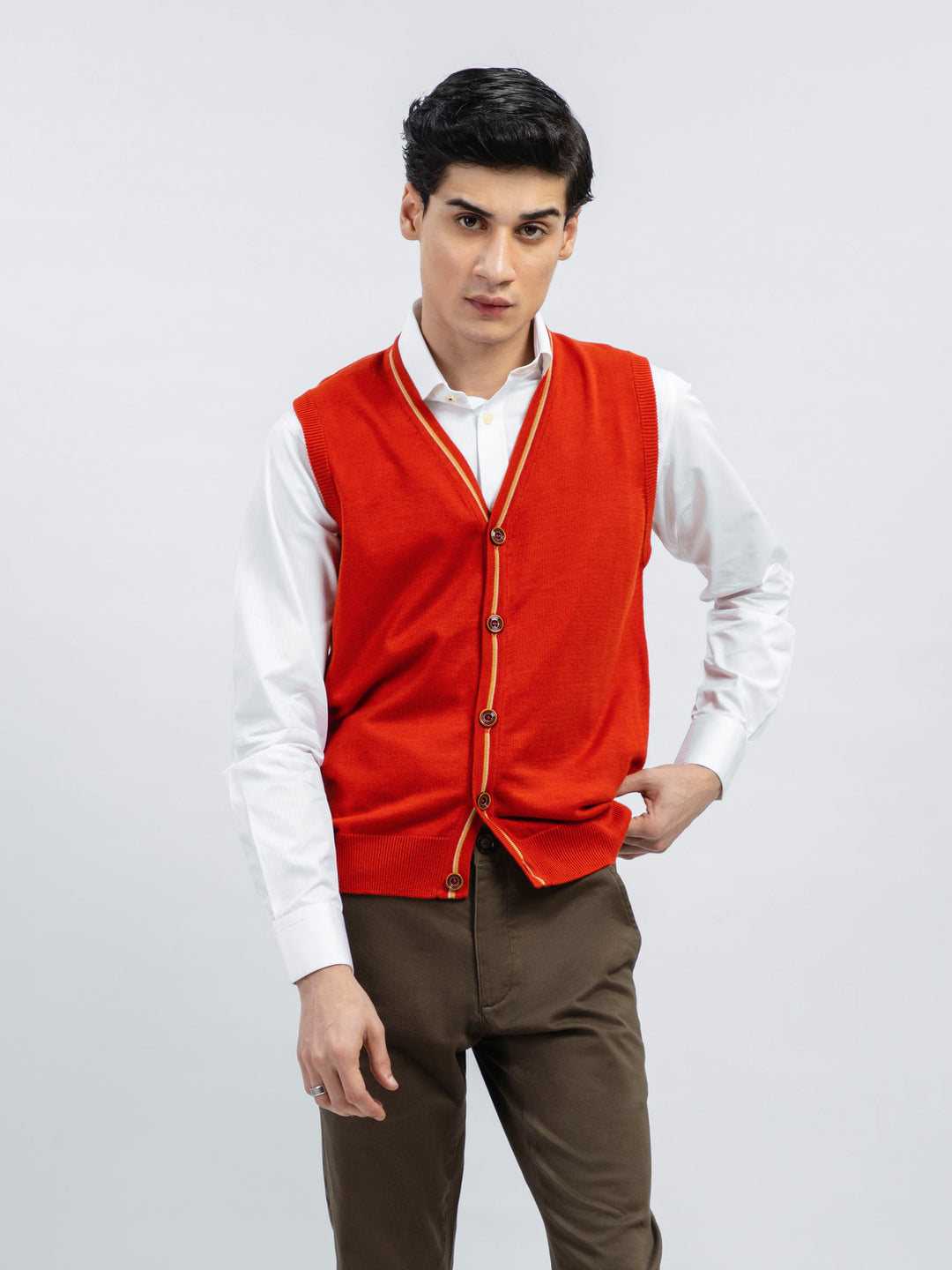 Orange wool blended sleeveless cardigan brumano pakistan