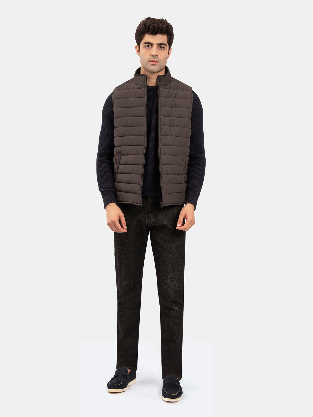 Pastel Brown Sleeveless Puffer Jacket With Leather Detailing
