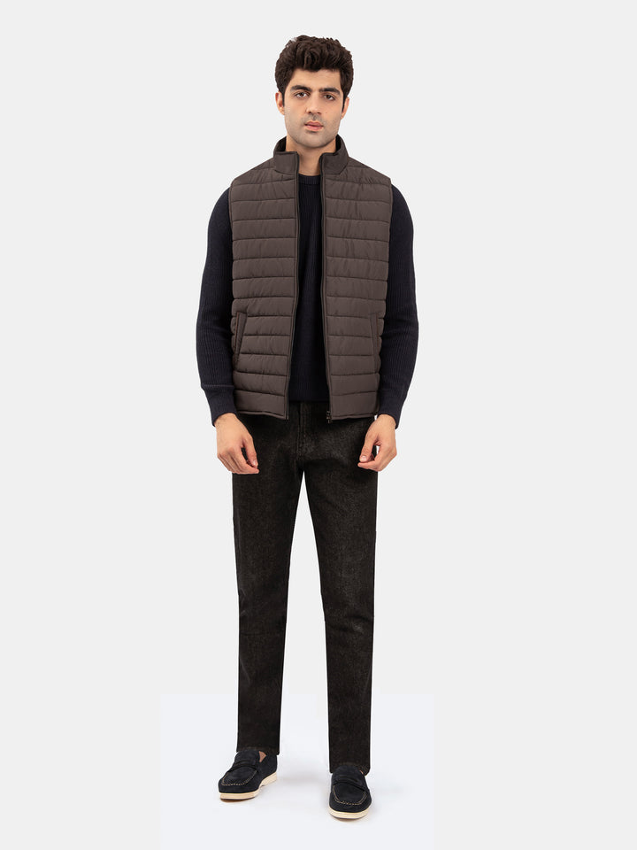 Pastel Brown Sleeveless Puffer Jacket With Leather Detailing