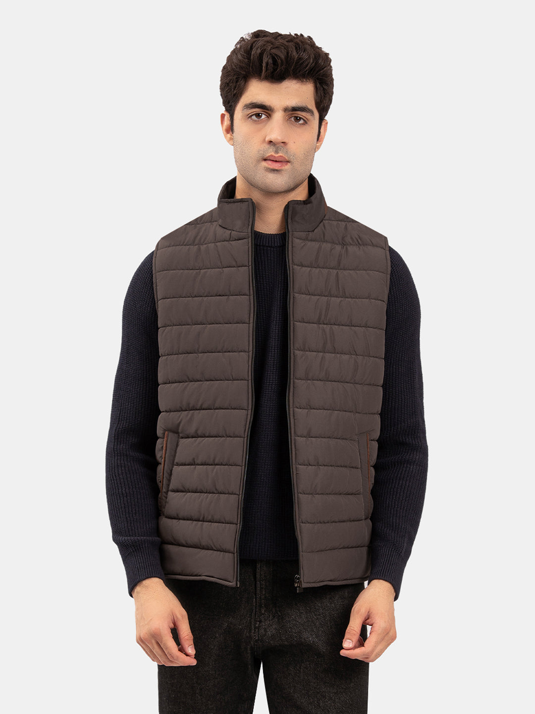 Pastel Brown Sleeveless Puffer Jacket With Leather Detailing