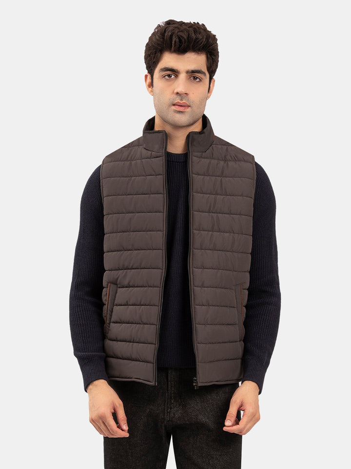 Pastel Brown Sleeveless Puffer Jacket With Leather Detailing