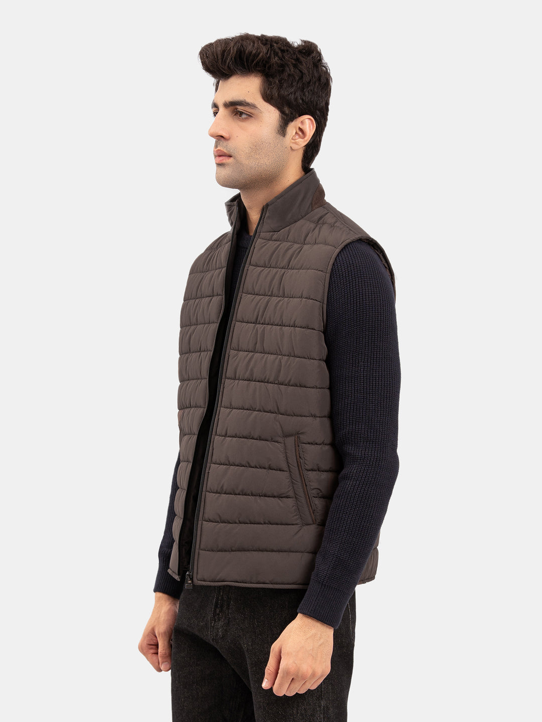 Pastel Brown Sleeveless Puffer Jacket With Leather Detailing