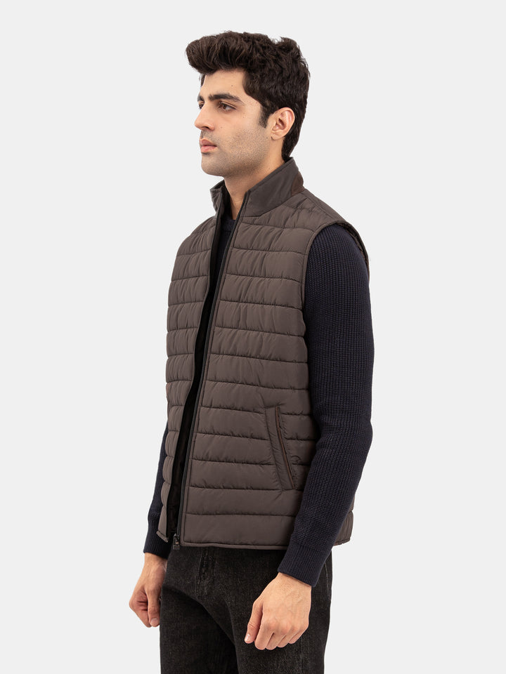 Pastel Brown Sleeveless Puffer Jacket With Leather Detailing