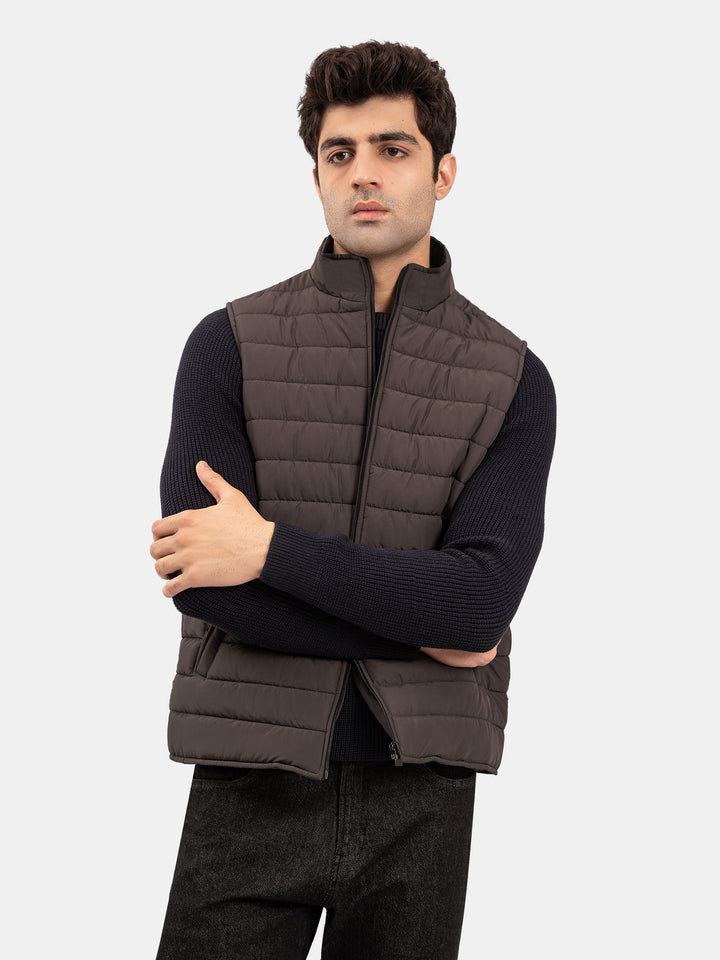 Pastel Brown Sleeveless Puffer Jacket With Leather Detailing
