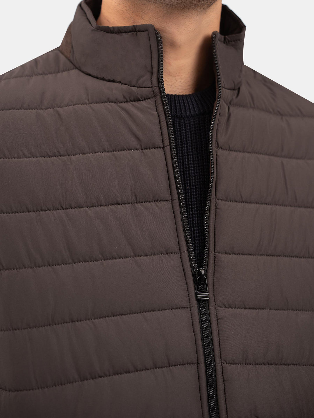Pastel Brown Sleeveless Puffer Jacket With Leather Detailing