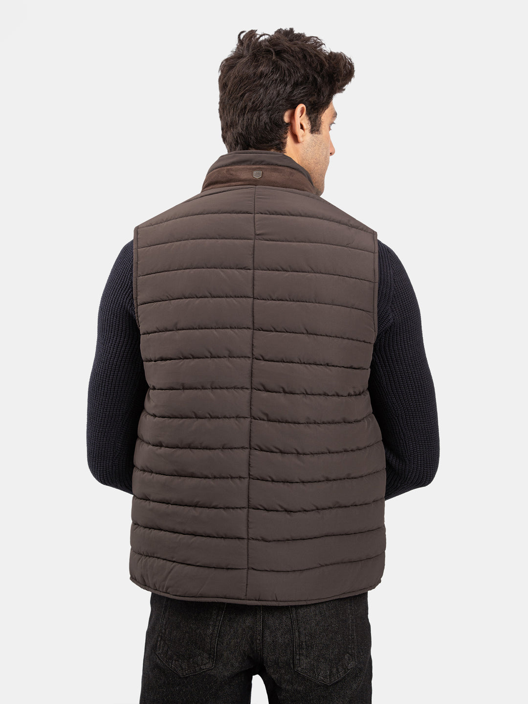 Pastel Brown Sleeveless Puffer Jacket With Leather Detailing