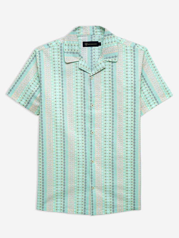 Pastel Blue Ethnic Printed Half Sleeve Cuban Collar Shirt