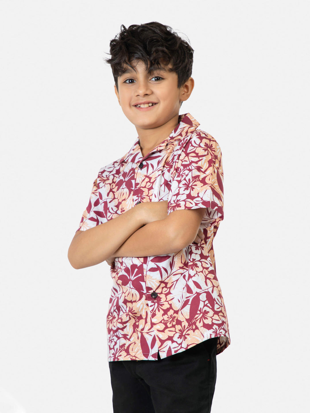 Peachfloralprintedcubancollarhalfsleevecasualshirtbrumanopakistan