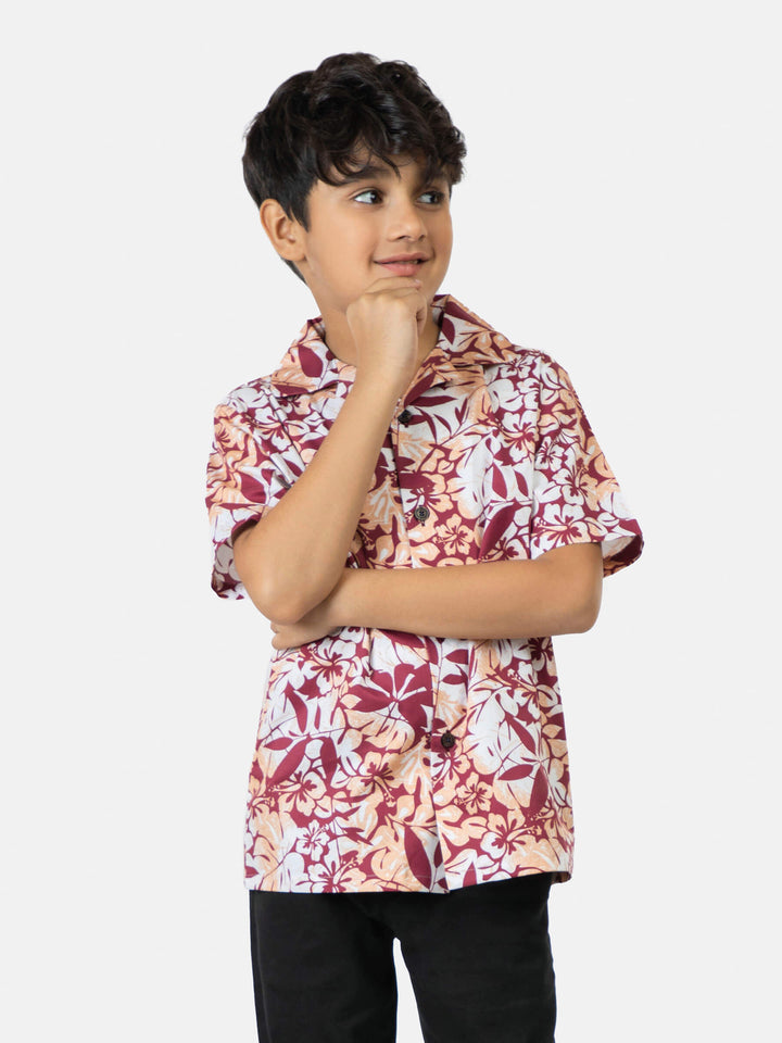 Peach Floral Printed Cuban Collar Half Sleeve Casual Shirt