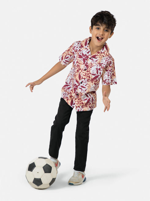 Peach Floral Printed Cuban Collar Half Sleeve Casual Shirt