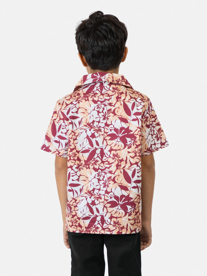 Peach Floral Printed Cuban Collar Half Sleeve Casual Shirt