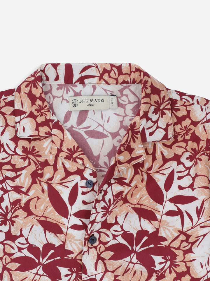 Peach Floral Printed Cuban Collar Half Sleeve Casual Shirt