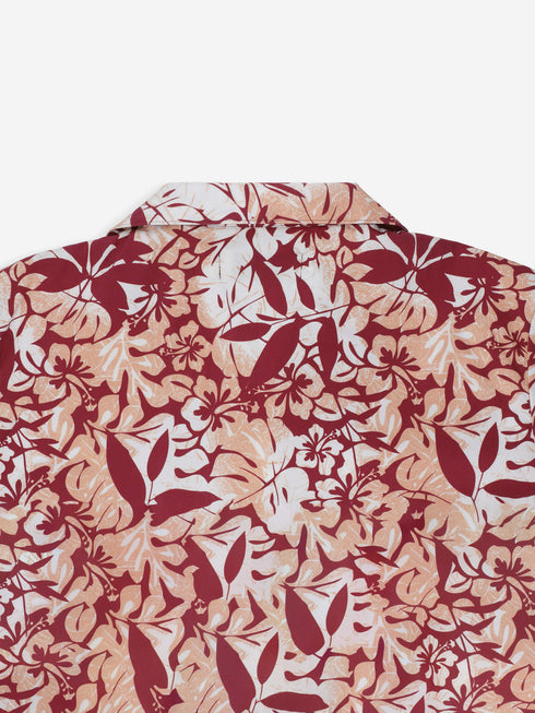 Peach Floral Printed Cuban Collar Half Sleeve Casual Shirt