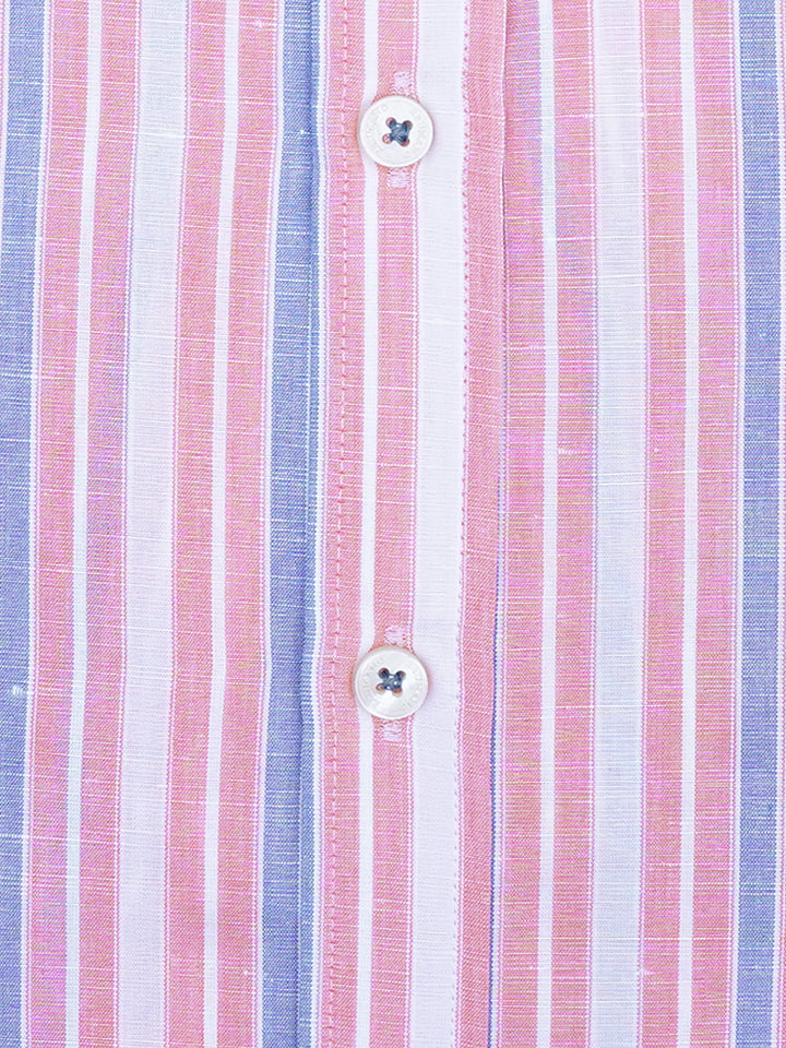 Pink & Blue Linen Striped Formal Shirt