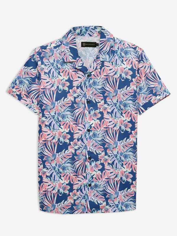 Pink & Blue Large Floral Print Half Sleeve Cuban Collar Shirt Brumano Pakistan