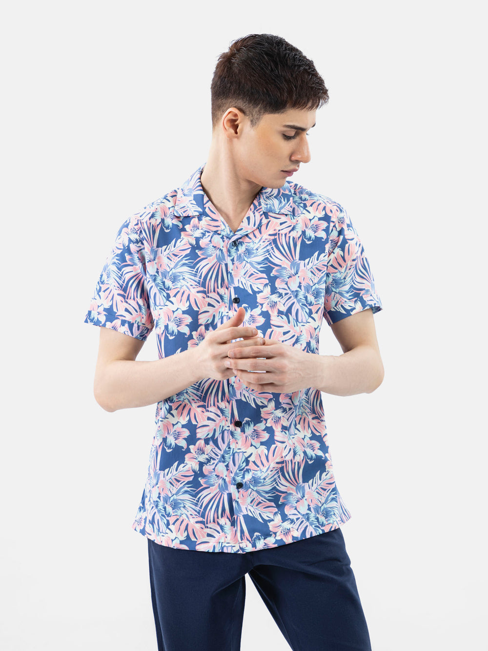 Pink & Blue Large Floral Print Half Sleeve Cuban Collar Shirt