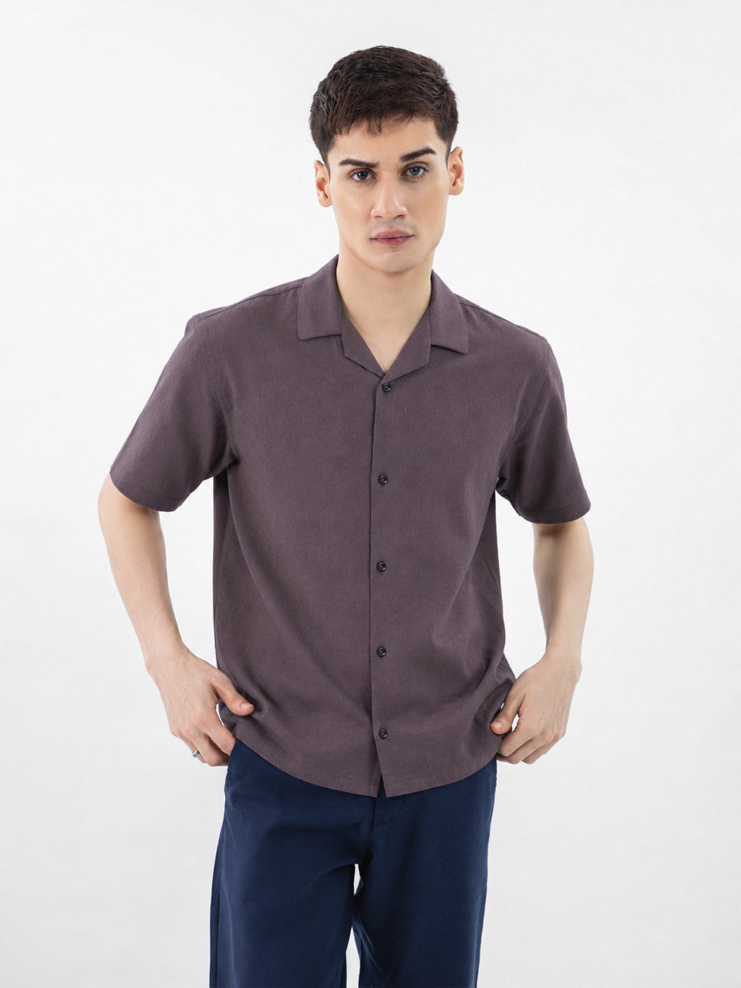 Purple linen half sleeve cuban collar shirt