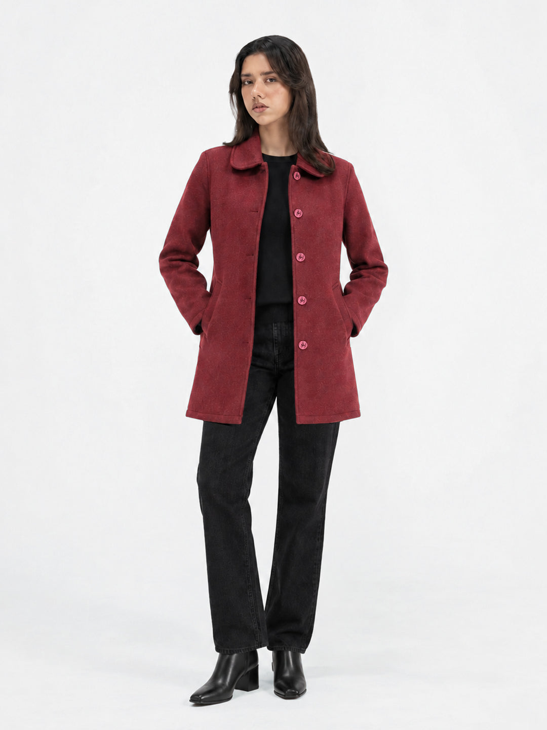 Red Wool Blended Long Coat - Women