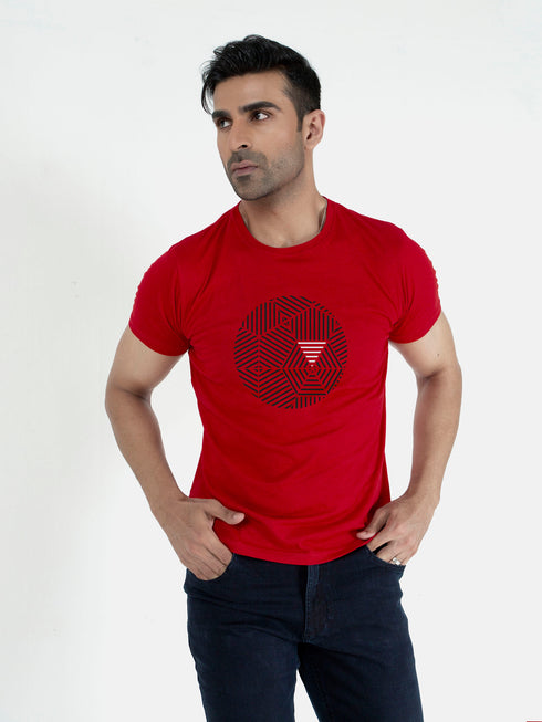 Red Graphic Geometric Printed T-Shirt Brumano Pakistan 