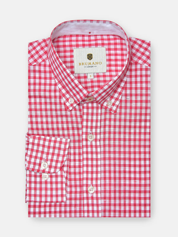 Red Linen Gingham Shirt With Button Down Collar Brumano Pakistan