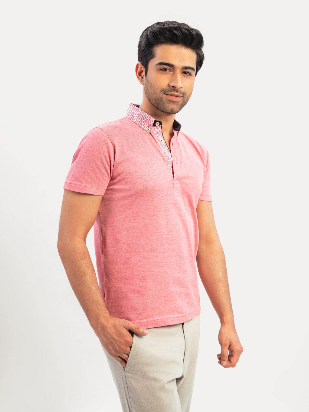 Red mercerized pique polo with printed collar brumano pakistan