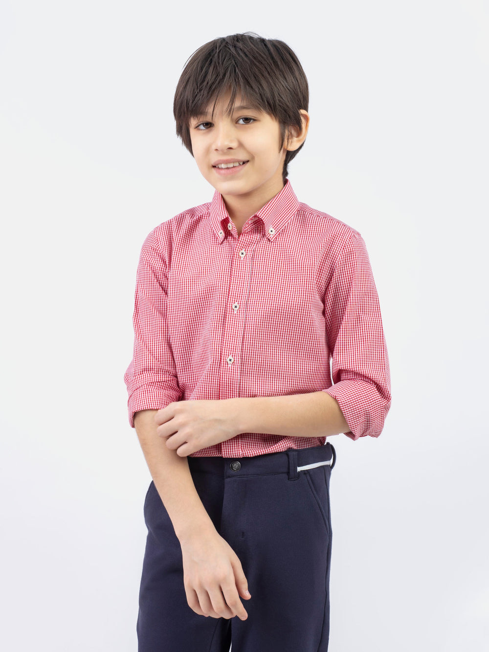 Red micro gingham button down casual shirt