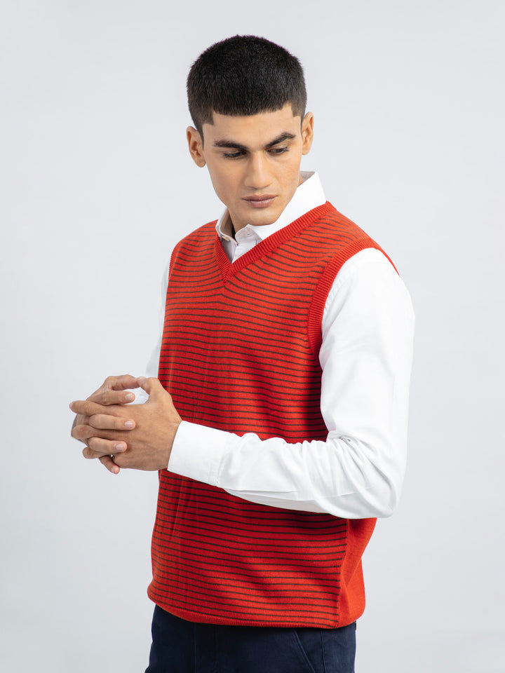 Red Striped Wool Blended Sleeveless Sweater Brumano Pakistan