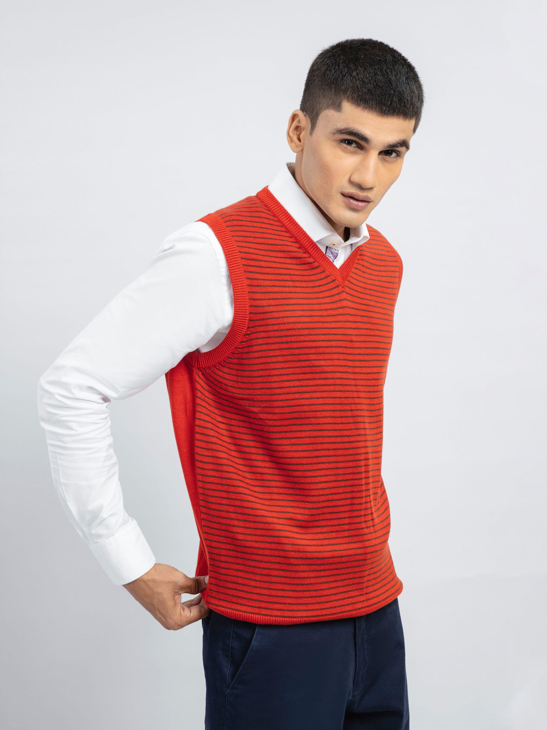 Red Striped Wool Blended Sleeveless Sweater