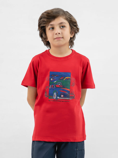 Red 'Sports Cars' Printed Casual T-Shirt Brumano Pakistan