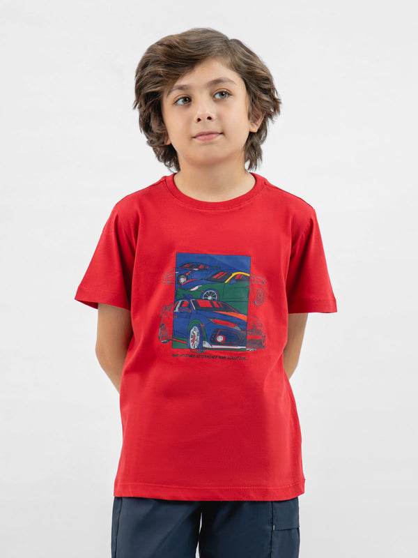 Red 'Sports Cars' Printed Casual T-Shirt Brumano Pakistan