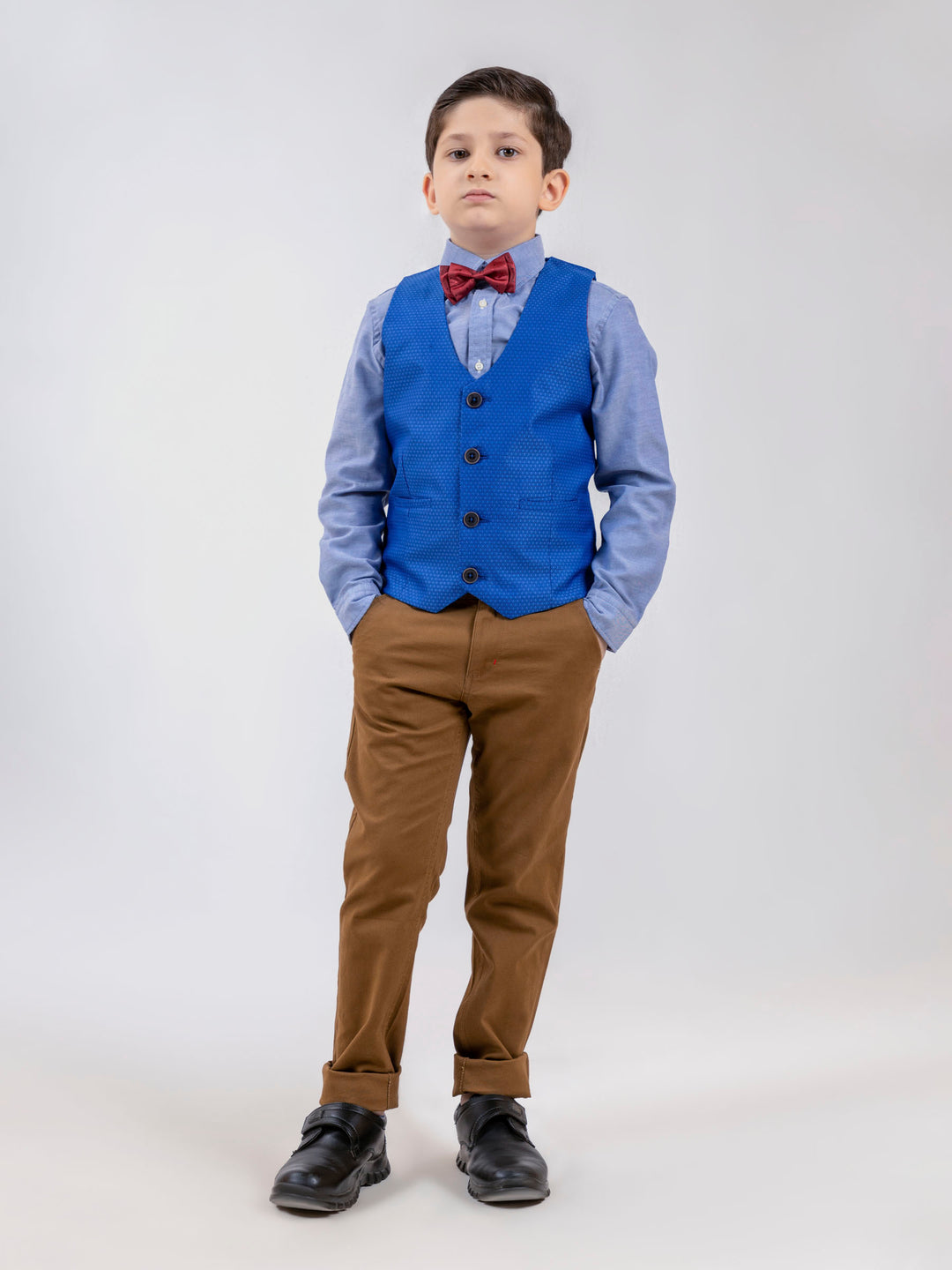 Royal blue geo patterned suit vest with bow brumano pakistan