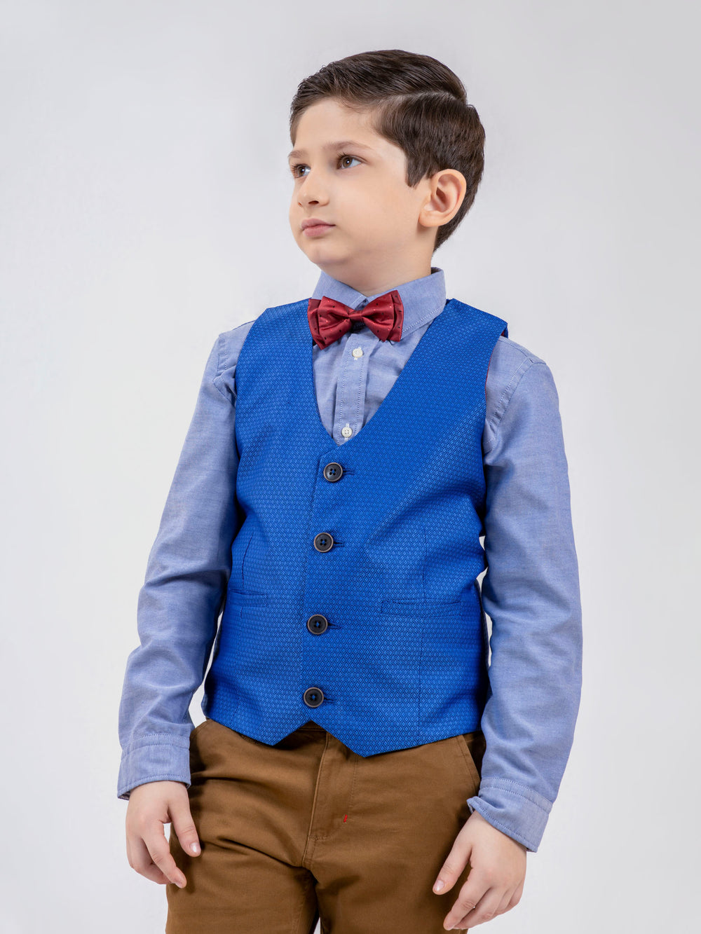 Royal blue geo patterned suit vest with bow brumano pakistan