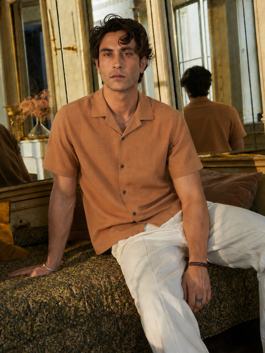 Rusty orange linen half sleeve cuban collar shirt