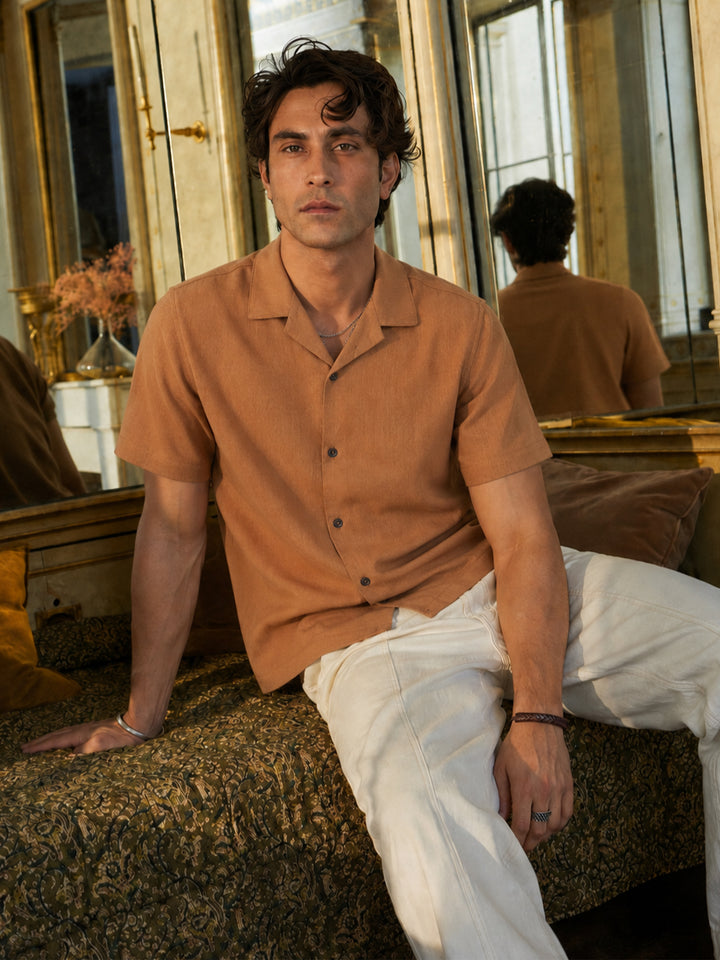 Rusty Orange Linen Half Sleeve Cuban Collar Shirt