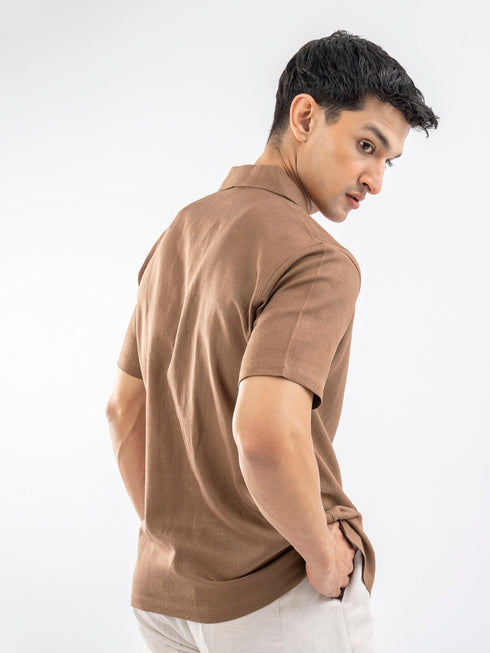 Rusty Brown Linen Blended Half Sleeve Cuban Collar Shirt