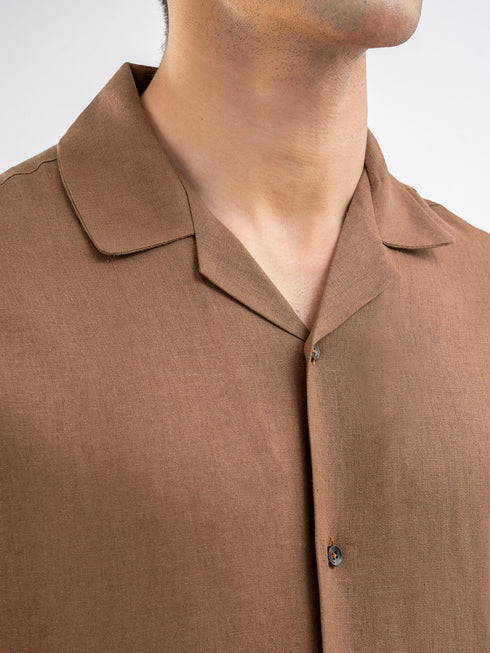 Rusty Brown Linen Blended Half Sleeve Cuban Collar Shirt