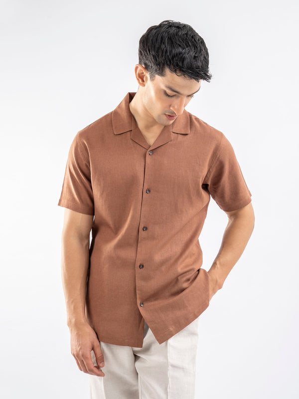 Rusty Brown Linen Blended Half Sleeve Cuban Collar Shirt