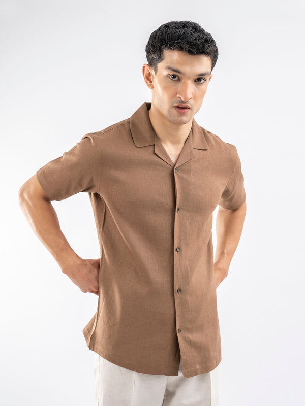 Rusty Brown Linen Blended Half Sleeve Cuban Collar Shirt