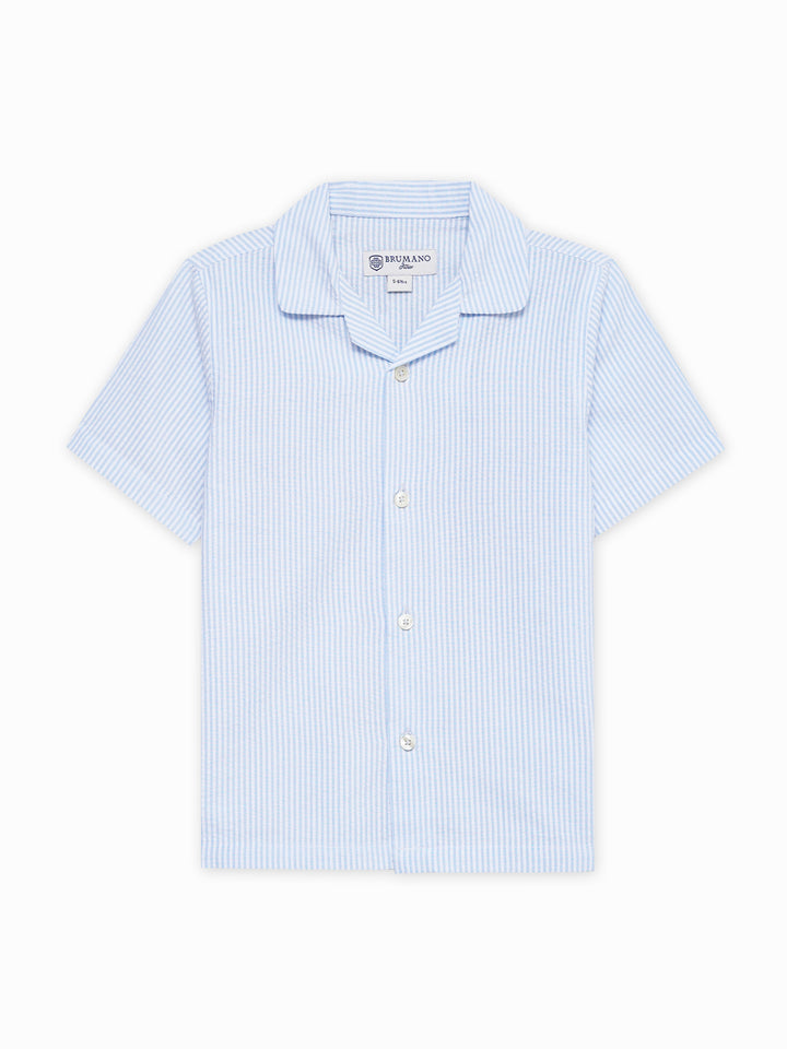 Sky Blue Seersucked Casual Cuban Collar Shirt - Junior